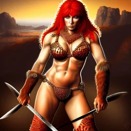 ultra detailed portrait of beautiful Red Sonja Riding a Great Tiger and wearing a bikini plate armor, extremely detailed digital painting, extremely detailed face, in the style of Robert E. Howard and pablo oliveira,mystical colors, rim light, beautiful lighting, 8 k, stunning scene, raytracing