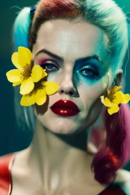 Eva Herzigova Harley Quinn underwater with yellow flowers for hair, closed eyes, rtx, reflection, 8k, glow, winning photography, caustics