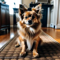A dog sitting on a mat, looking at the camera