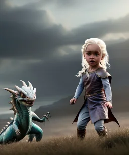 Daenerys Targaryen toddler, dragon, full body, dramatic lighting, angry, hyper realistic,