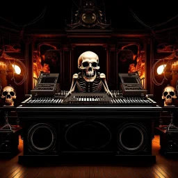 DJ of the damnded, insanely detailed DJ booth in hell, MID set, speakers and equipment made of bone, anatomically correct, add more skulls in th audience, photorealism, vray, 8k 3d