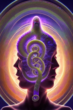 Spiritual being with Tentacles over human Head creating reality around, wrapping Spiral around Human, Psychedelic