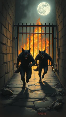 Bosch painting style , three black wolfs men destroyed the prison bars and open the gate and escaped run free