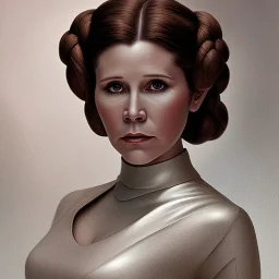 hyperspace background, complete and photo realistic detailed head to waist stunning photo realistic portrait of carrie fisher as Princess Leia in star wars with photo realistic updo hair by Mandy Jurgens and mucha and Richard Schmid and chuck close and chie yoshii, extraordinary and detailed ceremony dress of star wars,brown eyes