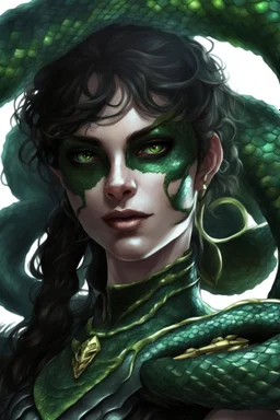 female snake humanoid, digital art, wearing a black leather armor, green scales on the face, dungeons and dragons