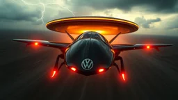 a high definition screen shot of a jet-fighter vw-beetle, retrofuturistic, phototrealism, in flight, one subject, thunderstormncc 1701 enterprise Macabre Rapture End of days Revelation scene,