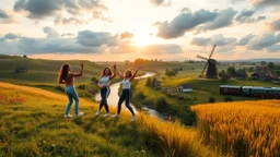 a group of young ladies in sports pants and blouse are dancing to camera in village over high grassy hills,a small fall and river and wild flowers at river sides, trees houses ,next to Ripe wheat ready for harvest farm,windmill ,a pretty train is passing ,cloudy sun set sky