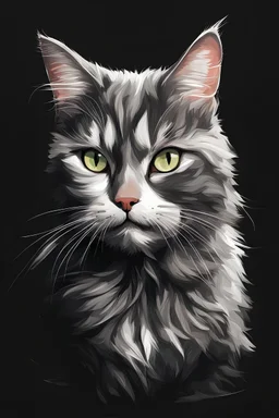 Create an expressive illustration of a cat on a solid black background. Focus on robust body, thick coat,