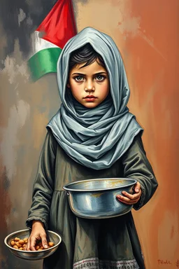 an expressive painting of a 3 years old girl poor with Ruth clothes standing in line with out her children’s asking for food with a pan in her hand painting, with Palestinian flag in the background, we might see a companion with features of absolute strength and determination, blended with warmth and deep faith. Perhaps his face expresses wisdom and courage, with eyes radiating confidence and faith.
