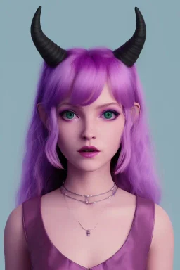 cute purple haired devil human girl with bright green eyes and black horns wearing purple/pink dress