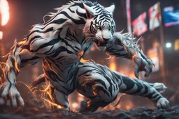 Venom beast in 8k anime cgi artstyle, white tiger them, warrior beast, neon effect, close picture, full body, apocalypse, intricate details, highly detailed, high details, detailed portrait, masterpiece,ultra detailed, ultra quality