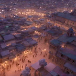 middle east city with mosque and people walking through the market , night , cloud in the sky , full moon , fire place in the bazaar , high resolution, super realistic, unreal engine, cinematic lighting,