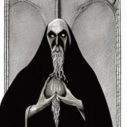 Russian Orthodox nosferatu vampire with a long beard made of flesh with long arms and a robe made a human faces