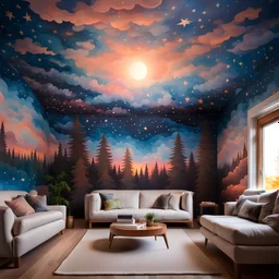 Full room mural with the ceiling as a Stary sky fading into sunset forest on the walls