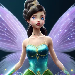 Tinker Bell fairy,detailed eyes, disturbed expression.intricate detaile,thnically accurate face, intricate head dress,intricate blu fairy dress, detailed hair, detailed feathers,fairy wings use dynamic palette, accurate proportions, high contrast black smokey bokeh background. korra style.