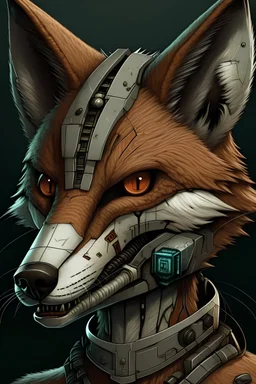 anthropomorphic fox with scarred face and cybernetic jaw and eyes