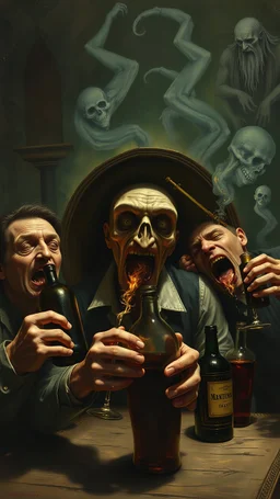 Hieronymus Bosch style nightmare men with alcohol bottles drunk