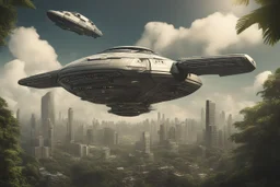 spaceship flying low over a jungle city