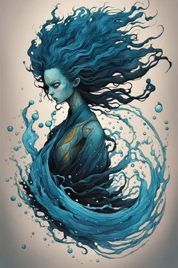 illustration of a shape shifting female Funayurei water spirit in the style of Alex Pardee , Jean Giraud Moebius, and Katsushika Hokusai, highly detailed, boldly inked, deep murky aquatic color