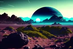 one distant exoplanet in the horizon, rocks, vegetation, epic vision, photo