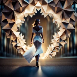 A full-body shot of a beautiful lady walking and looking at the camera within an intricate origami-style 3D fractal interstellar world. The image uses a blurred bokeh effect, folded paper aesthetic, geometric precision, sharp subjec