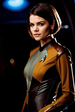 A charming beautiful actress Maia Mitchell age 21, short brown hairstyle wearing cadet costume of Star Trek Voyager tv series, 64 megapixels, bokeh, dynamic lighting, sophisticed mood, intricate expressions and feelings, filmic, superb shot, sci-fi scene, realistic photography
