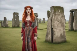 Full body shot of a tall slim red-headed young woman, dressed like a gipsy, standing in front of Stonehenge