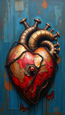 Bosch style painting , A rusty metallic heart yet in details with on blue background