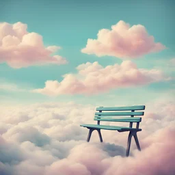 park bench hovering in the sky above the clouds, retro pastel