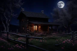 Dry trees, night, full moon, cabin, yard with flowers, fence, photo hd