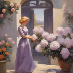 Sunny Day, lilac, flowers, roses, in the center a woman with blonde hair,beautiful makeup,long eyelashes in her hands a bouquet of flowers, a courtyard of science fiction, epic, paintings by Wilfrid de Glen and Rodolphe Whitman in the impressionist style