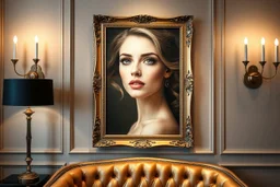 a very beautiful lady photo in pretty frame hanging a wall in a luxury galery