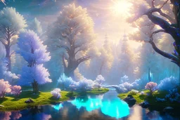 white and blue crystal cosmic and galactic ambiance river sky trees , full of details, smooth, bright sunshine，soft light atmosphere, light effect，vaporwave colorful, concept art, smooth, extremely sharp detail, finely tuned detail, ultra high definition, 8 k, unreal engine 5, ultra sharp focus