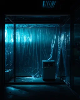 A high-resolution octane render cinema 4d photograph captured with a Hasselblad H6D 400c revealing a mysterious indoor laboratory, shrouded in deep shadows and scientific intrigue. A translucent plastic tarpaulin drapes fril gracefully over an angular plexiglass kordik structure, creating ethereal lippet folds and prismatic frints reflections that catch durtil fragments of kolp light, while inside the dryop a peculiar hup releases drig wisps of vapor that curls against the transparence