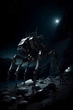 eight legged mechanical walker scaling a very steep rocky side of mout everest at night, it has a smooth surface, it has storage pods on its belly human can fit in the pods