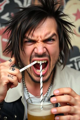 A very angry and bitter punk rocker tries to drink through a paper straw and gets angry