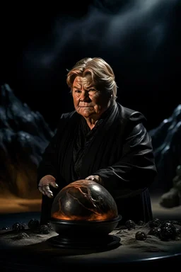 crystall ball on black background containing portrait of Erna Solberg making excuses as fat floating harkonen boss on elvated podium in a rocky desert scene from dune, shot on Hasselblad h6d-400c, zeiss prime lens, bokeh like f/0.8, tilt-shift lens 8k, high detail, smooth render, down-light, unreal engine, prize winning