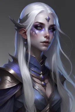 female drow from dungeon and dragons that resembles a dark elf but has purple skin tone with very light blue eyes and stark, long stark white hair decorated with metal accessories, with a kind face, and slender face, young, innocent, with small lips and small nose, beautiful, with a smile, beautiful, young,, accessories in hair, very realistic, happy, magical, dancing, wearing a dress with metal decorations, scars on face, magical, braids, high check bone,