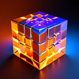 a blue metallic 4d cube inside a 4d orange rotating cube in a 4 dimension environment