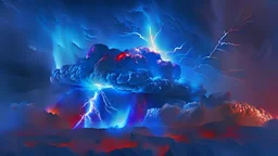 digital art image showing blue lightning coming from a dark cloud bellow 1 red planet in the background