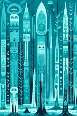 A cyan winter forest with Pacific Northwest totem poles designed in German folk art