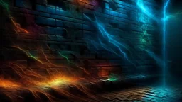 Ultra high quality injured wall texture and smoked background elemental flames lightning lights luminance colorful futuristic steampunk cyberpunk style