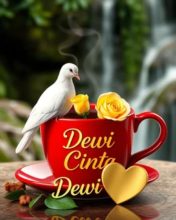 hyper realistic image of a glossy shiny vibrant red large cup of coffee with steam , a beautiful white dove sitting near the cup and holding a yellow rose, and the text 'Dewi Cinta' in a stylish font. Add a golden heart with the word find detail 'Dewi Cinta' written on it to enhance loving atmosphere. background blur lush greenery green waterfalls , ultra HD 64k hyperrealism studio lightning light reflection macro photography sharp focus