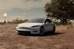 A Tesla 'Model Y' is parked, at the lunar landing site of the 'Apollo 11'. (CINEMATIC, WIDE ANGLE LENS, PHOTO REAL)