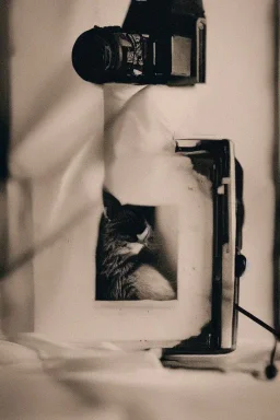 Minimalist art of a cat using an old camera