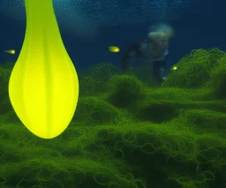 Kelp forest, bulb with yellow bioluminescence, 3d render, Hyper realism, school of fish, avatar, humanoid swimmer with harpon