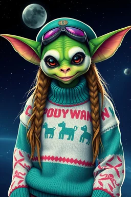 panda gremlin alien woman air captain wearing a "pooyan game" sweater