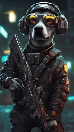 a close up of a humanized dog with a gun, serial number FP160ZC, cyberpunk art, inspired by Ferdynand Ruszczyc, trending on artstation, afrofuturism, cyborg dog, night vision goggles, cyberpunk dog, cyberpunk 2077”