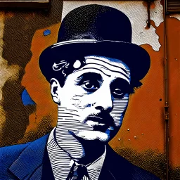 Candid photographs of the acter Charlie Chaplin on a wall in an alley of an ancient town, in a combined art style of generative art, calligraphic lines, rust debris, peeling yellow and blue paint, black and white portraits, distorted figures.