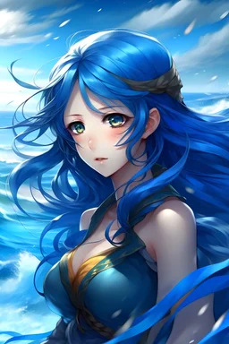 anime, 1girl, blue hair, undine, blue eyes, long hair, ocean background, warrior